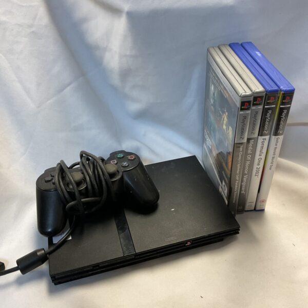 Sony PlayStation 2 slim console with controller for retro gaming.