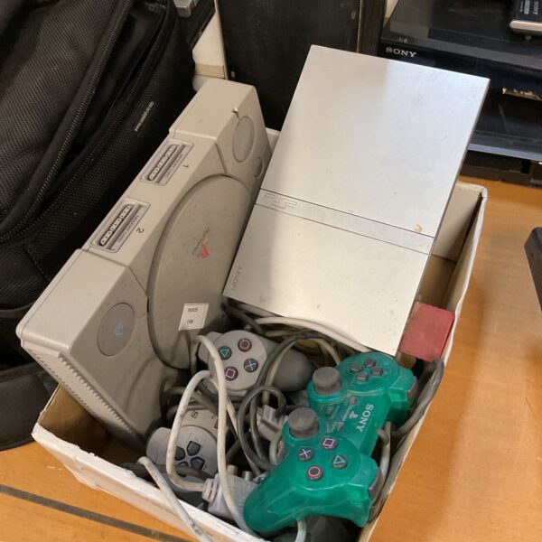 Grey Sony PlayStation 1 console with controller, retro gaming system.
