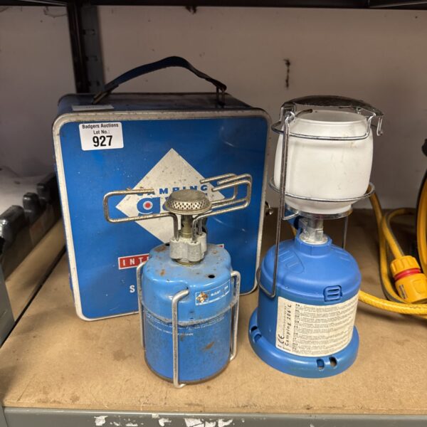 Vintage blue Camping Gaz stove set with lanterns.