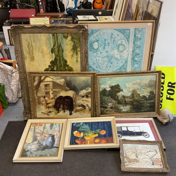 Lot of vintage framed artworks and paintings for wall decor.