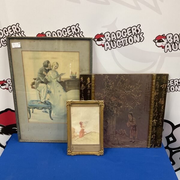 Vintage framed prints featuring a classical couple and Chinese panel.
