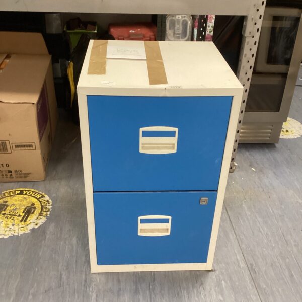 Vintage metal filing cabinet with two drawers and a lock.