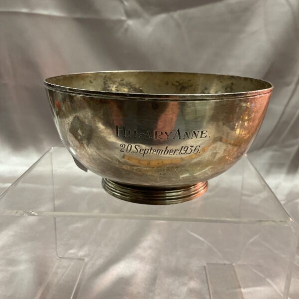 Antique sterling silver bowl engraved with Hilary Anne and 1936.