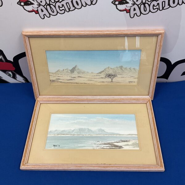 Signed KByron African landscape watercolours, a pair of vintage paintings.