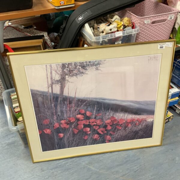 Large framed print of a vibrant poppy field for wall decor.