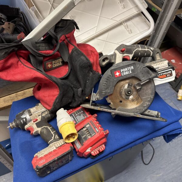 Porter Cable cordless tool set with impact driver, circular saw, and charger.