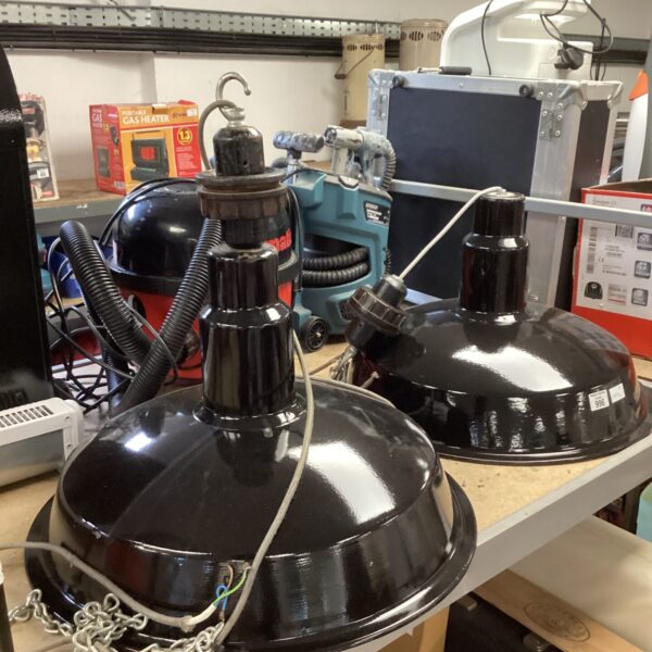 Pair of large vintage industrial enamel lamps.