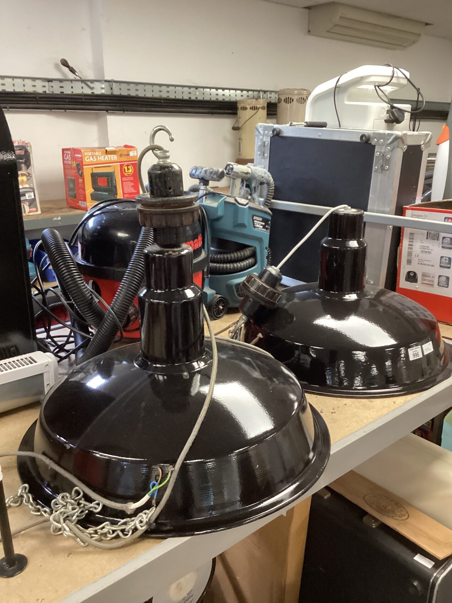 996 Pair of large enamelled industrial lamps