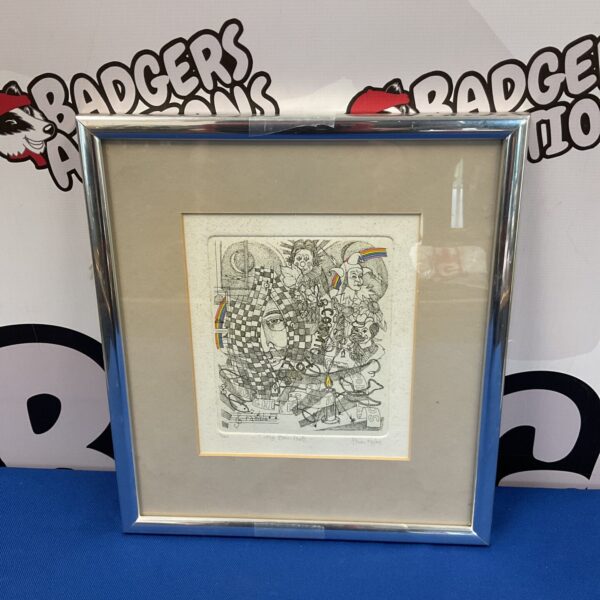 Signed Brian Higbee etching with abstract shapes and bold lines.