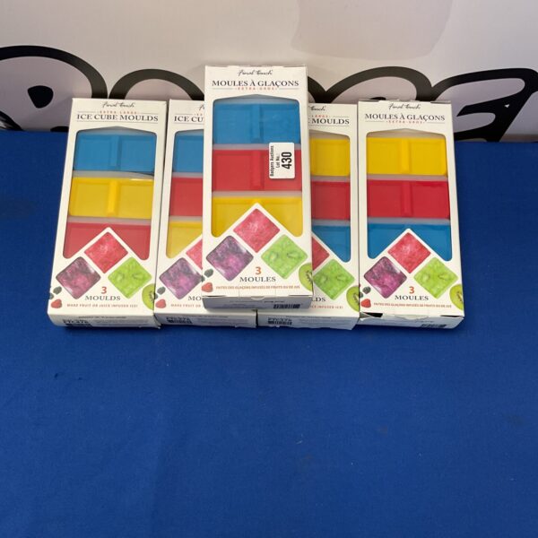 Pack of three silicone ice cube moulds for kitchen use.