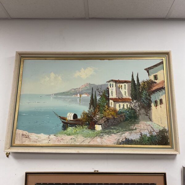 Signed Ronaldo Mediterranean oil painting of a coastal Italian village.