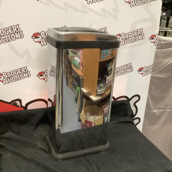 Front view of a stainless steel touch bin for kitchen use.