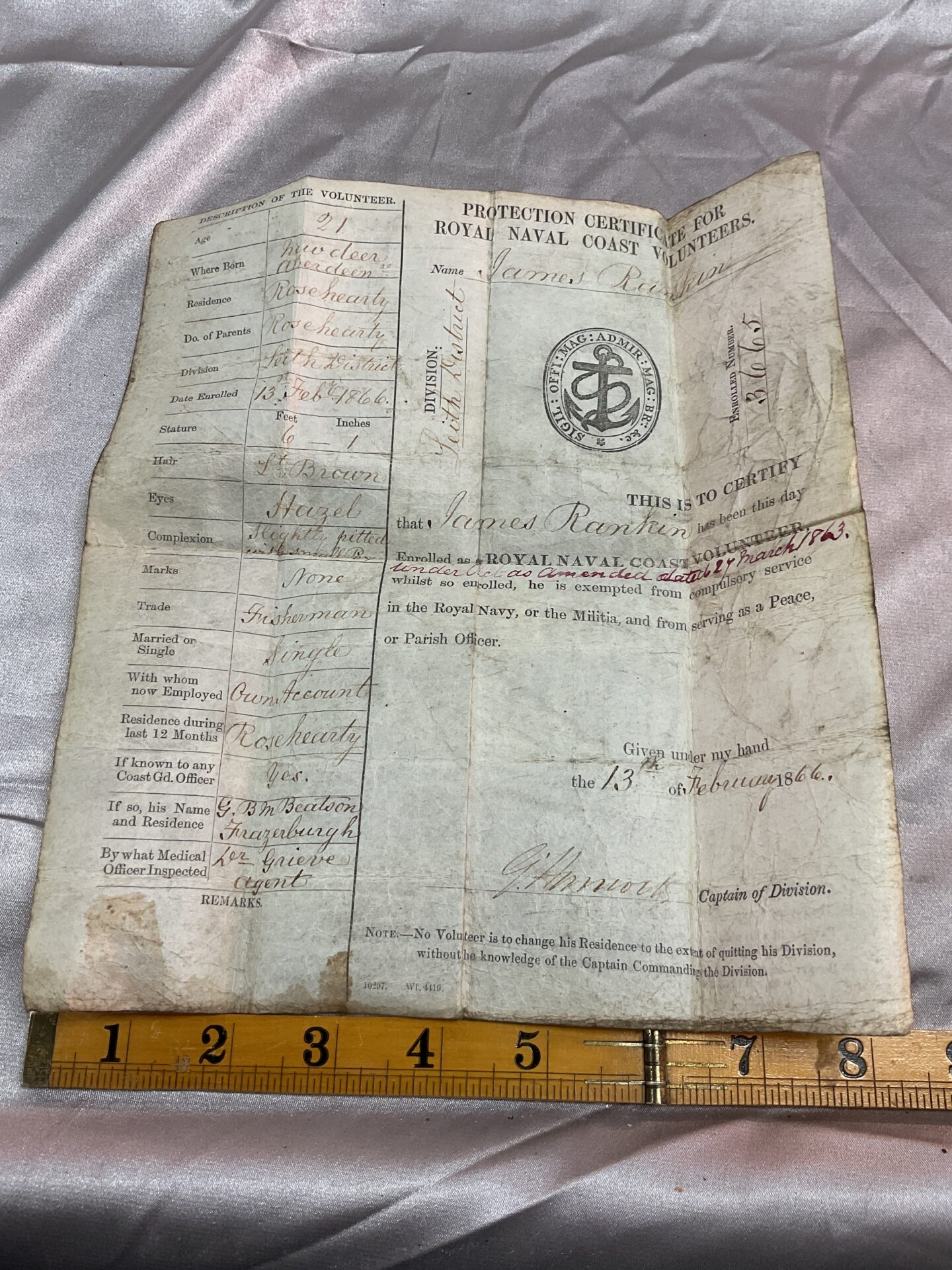 818 Antique Velum 1866 Protection Certificate for Royal Navy Voluneers