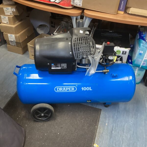 Large 100L Draper V Twin air compressor for garage or workshop.