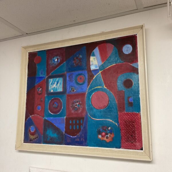 Colourful abstract oil painting by Ray Barry, mid-century modern style.