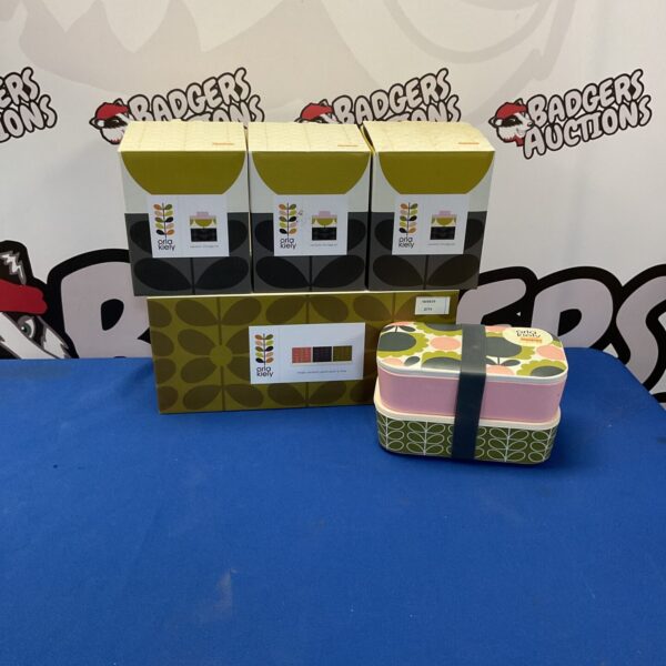 Orla Kiely storage jars and lunch boxes set, patterned ceramics.