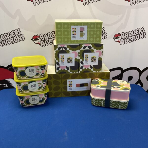 Orla Kiely patterned storage set on a tray, featuring bamboo and ceramic pieces.