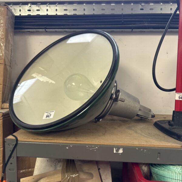Large industrial enamel lamp with a classic shade.