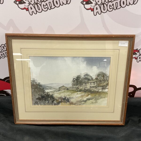 Signed watercolour painting of a charming farmhouse in a rural landscape.