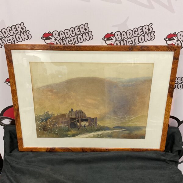 Vintage watercolour painting of a barn landscape with figures.