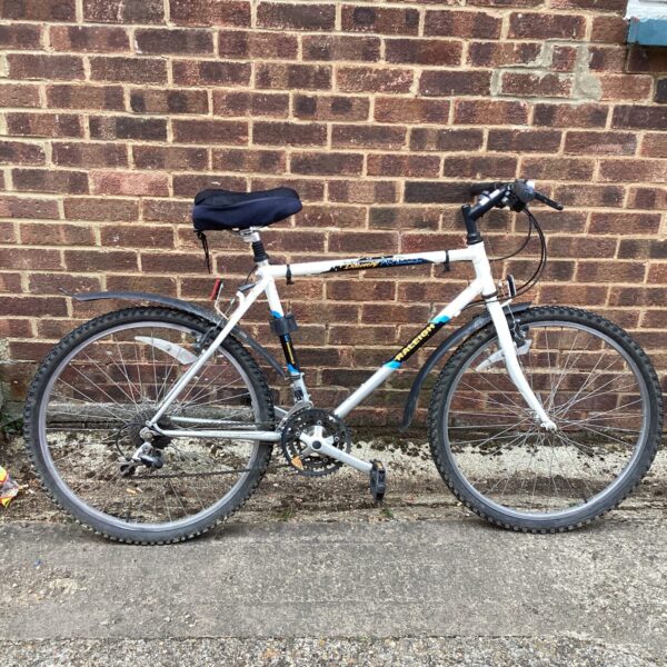 Side view of a vintage Raleigh Discovery mountain bike.
