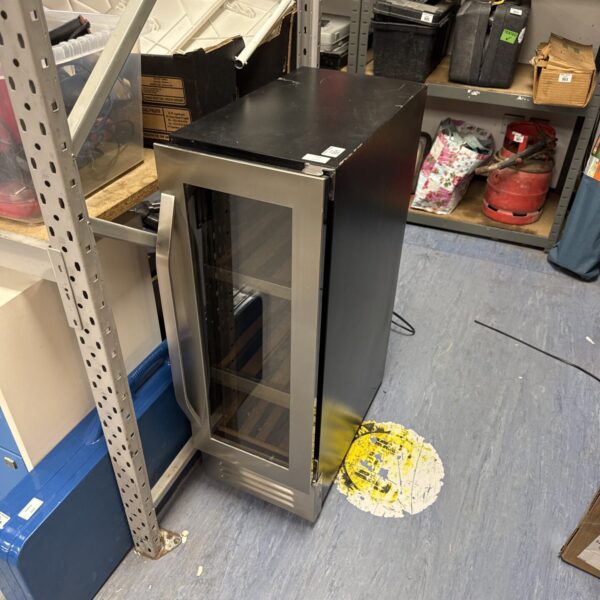 Front view of a stainless steel John Lewis wine cabinet.