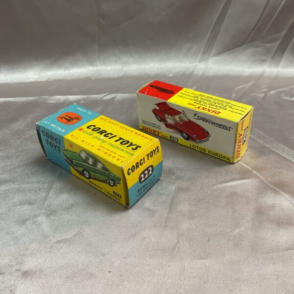 Vintage Corgi and Dinky toy boxes, Renault Fluoride and Lotus Europa.