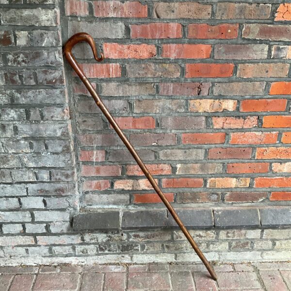 Antique shepherd's crook with a walnut handle, vintage walking stick.