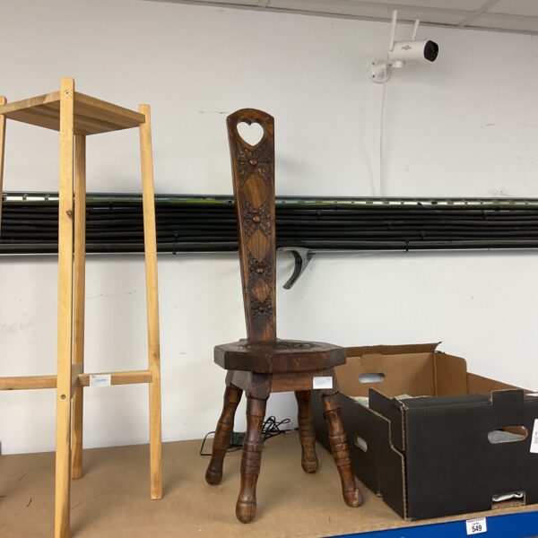 Vintage oak spinning chair with heart carving.