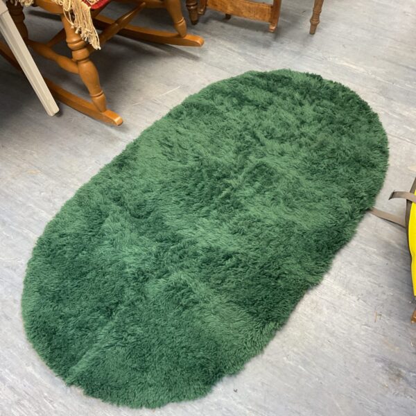 Small green shag pile oval rug for home decor.
