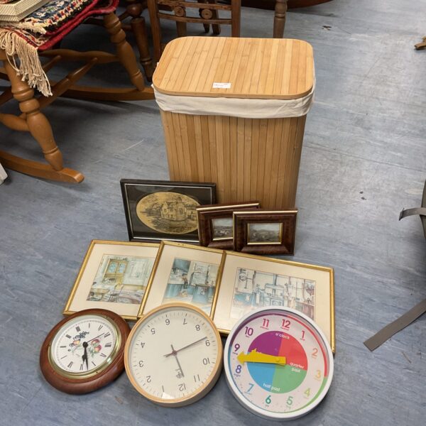 Vintage prints and clocks lot, antique home decor collection.