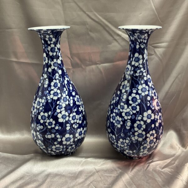 Antique Wood Prunus vases, blue and white floral pattern.