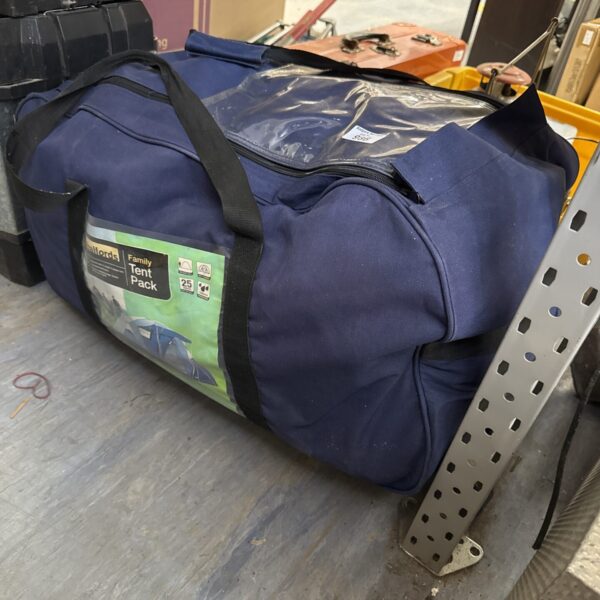 Halfords family tent stored in a black carry bag.