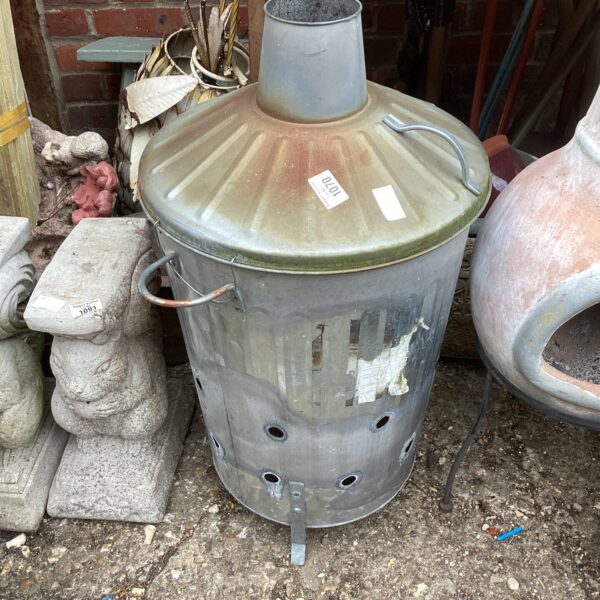 Vintage galvanised garden incinerator with hinged lid.