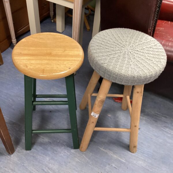 Pair of vintage wooden stools with knitted and painted seats.