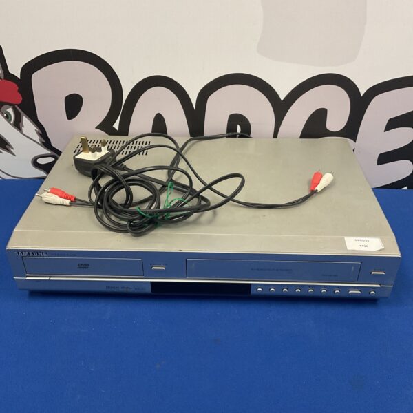 Samsung DVD VCR combo player, front view, retro media device.