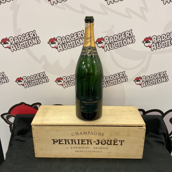 Perrier Jouet champagne magnum in wooden crate, collectible French champagne.
