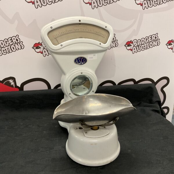 White enamel vintage ASCO scales for kitchen weighing.