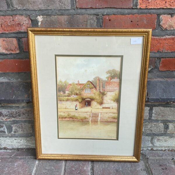 Vintage watercolour painting of a riverside cottage by H English.