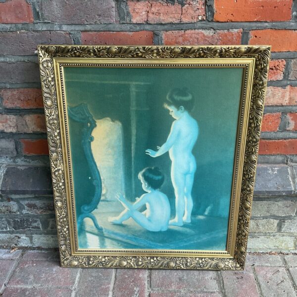 Framed vintage print of Paul Peel’s “After The Bath” painting.