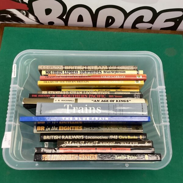 Vintage collection of British train books for railway enthusiasts.
