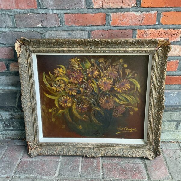 Vintage 1960s still life oil painting with gilt frame.