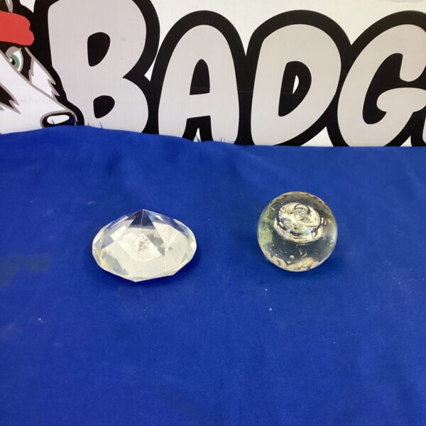 Clear glass paperweights, vintage desk ornaments, faceted diamond shape.