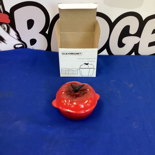 Red Le Creuset bell pepper cocotte, vintage French enamelware.