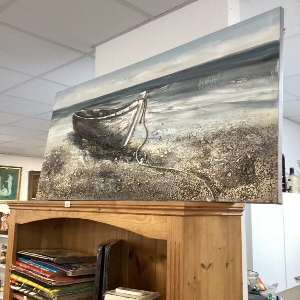 Large coastal row boat painting on canvas, serene beach scene.