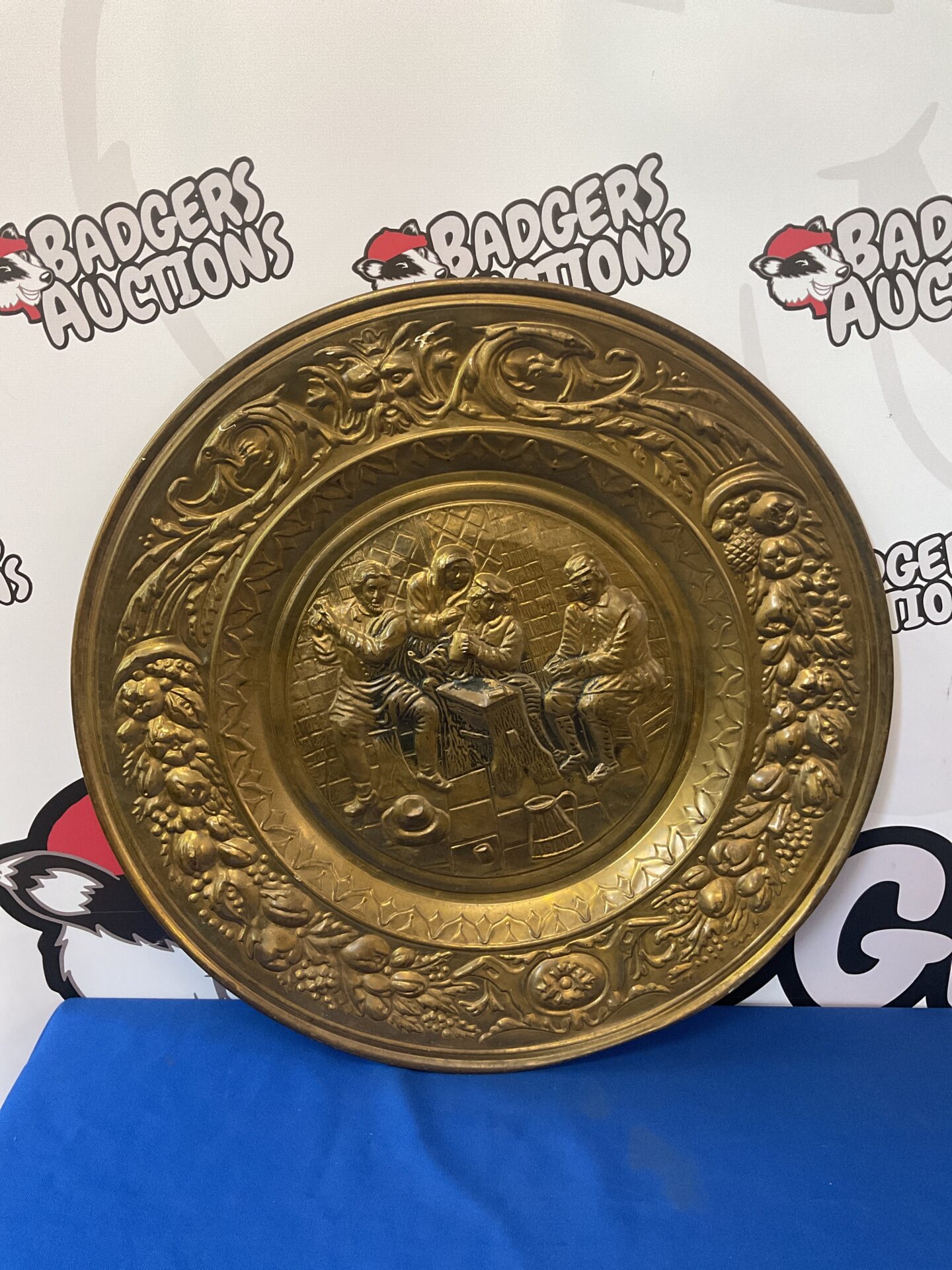 011 Large vintage brass tavern scene 22.5” wall charger
