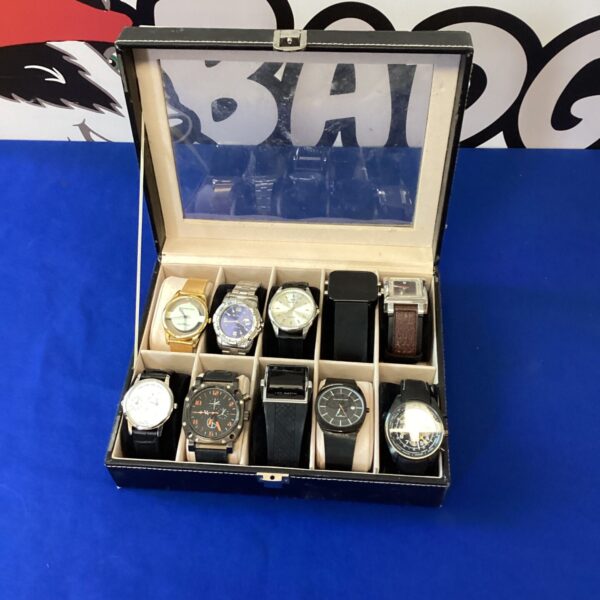 Assorted wristwatches displayed in a protective case, a watch selection.