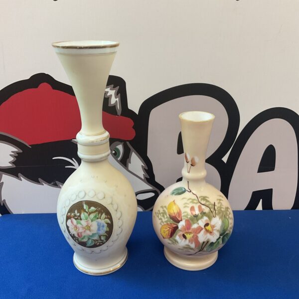Antique Victorian milk glass vases with floral painting.