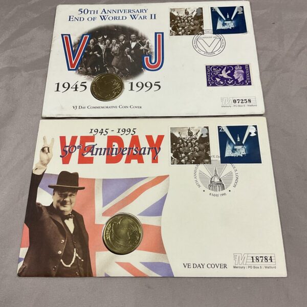 VE Day and VJ Day commemorative coin covers from 1995.