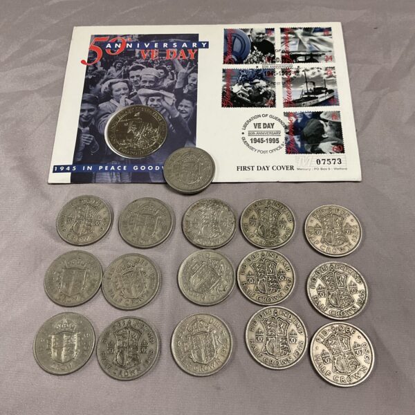 VE 50th Anniversary coin cover with sixteen Half Crowns.